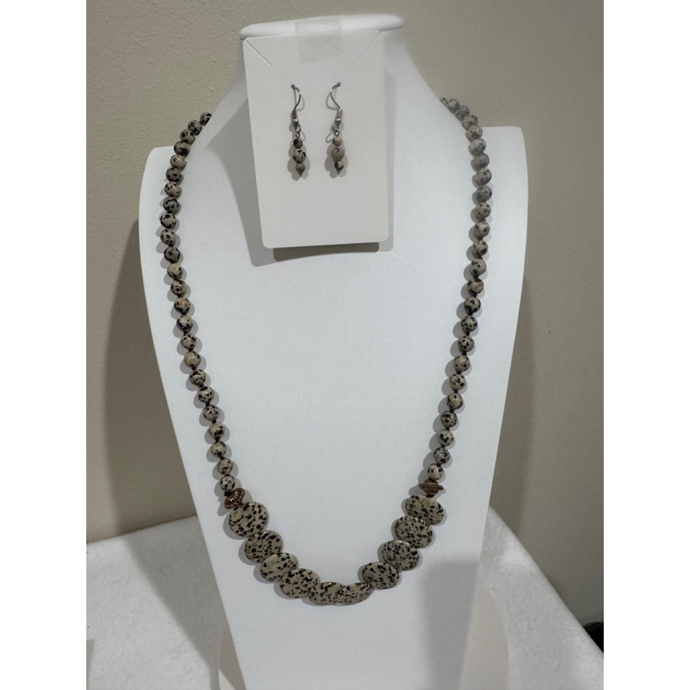 Dalmatian Jasper and gold bead 28” necklace & earrings. Substantial weight. EUC